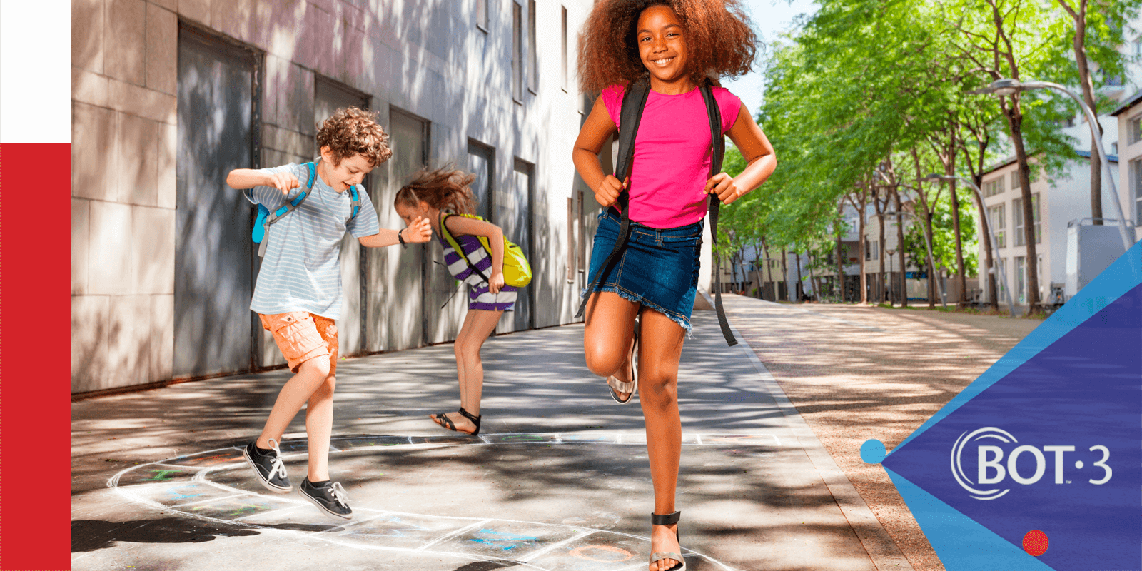 Three diverse children play hopscotch outdoors