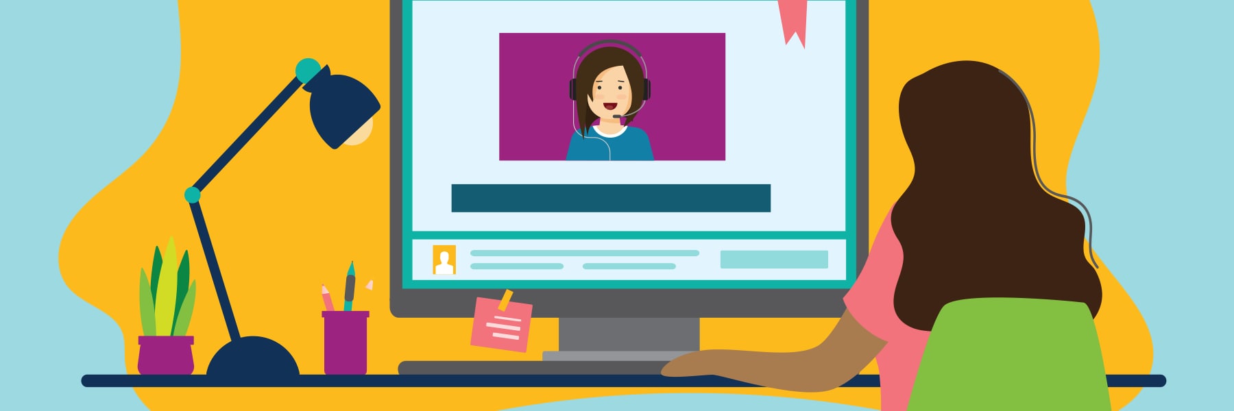 Illustration of a woman sitting at a computer engaged with occupational therapist via video chat