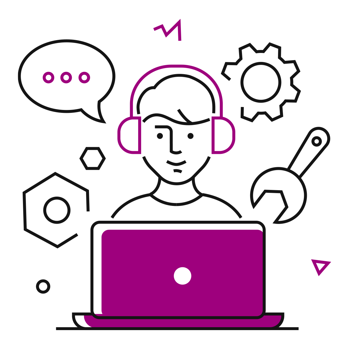 Graphic of person at a computer with a headset on