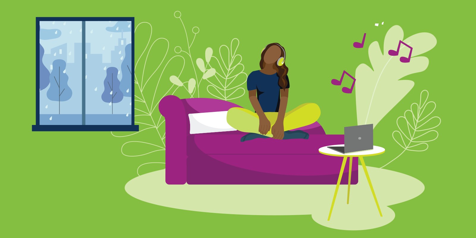 Illustration of person with headphones on, musical notes in air and gray weather outside window.