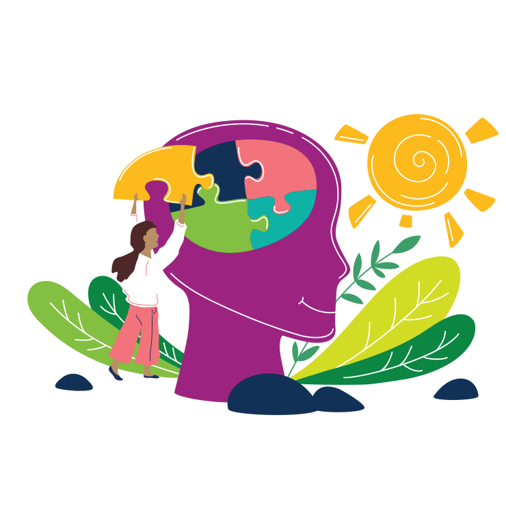 Illustration of a woman building a brain with puzzle pieces